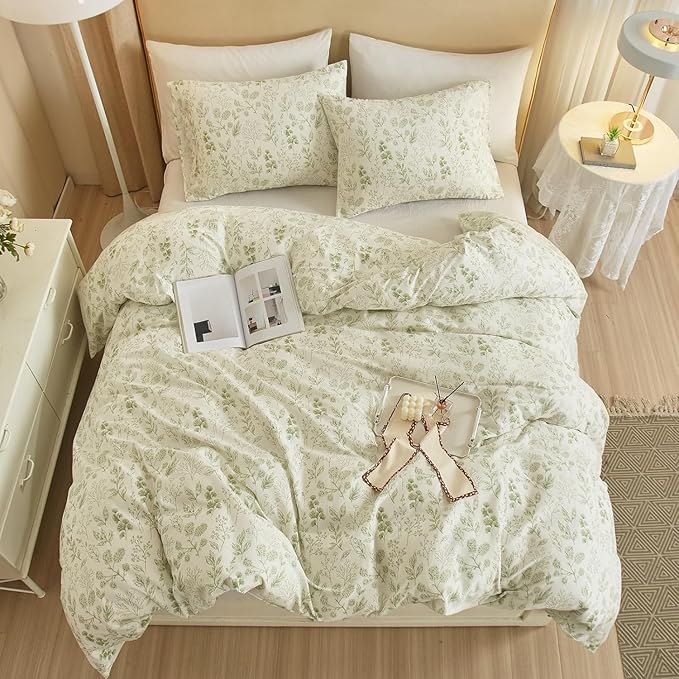 Vintage Boho Floral Duvet Cover Twin White Green Floral Print Bedding Set Cotton Botanical Floral Comforter Cover Garden Flowers Aesthetic Bedding Cover Boho Style Twin Duvet Cover with Zipper Closure