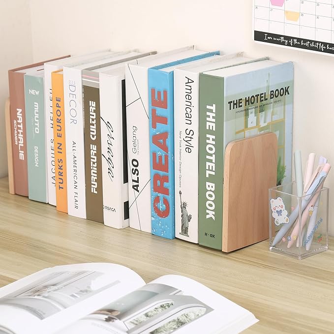 Wood Book Ends, 2 Pack Beech Wood Bookends for Shelves, Non-Slip L-Shaped Heavy Duty Bookends, Book Stopper, Bookshelf Holder Stand for Home, Office, Library, School