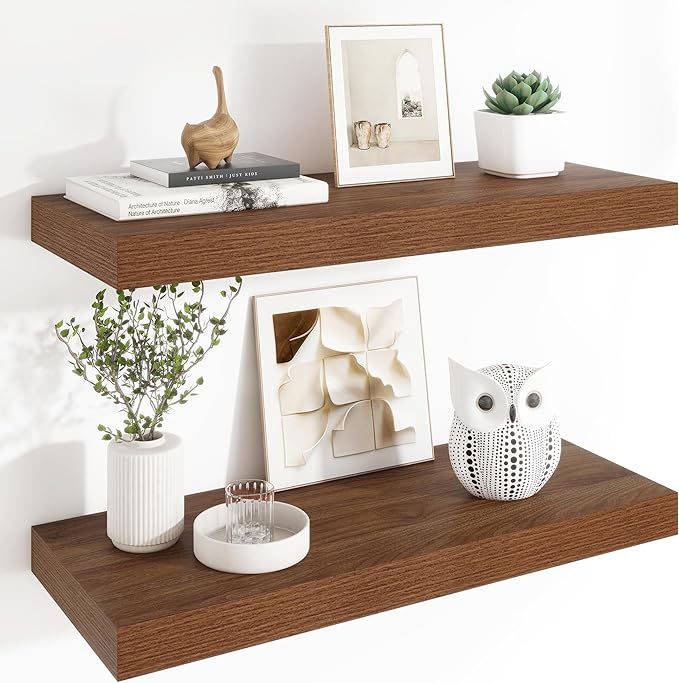 Heimlove 12" Deep Floating Shelves, 36 x 12 Inch Wall Mounted Long Floating Shelf with Invisible Brackets, for Home Decor, Bedroom, Kitchen, Living Room, Bathroom - 2 Pack, Walnut