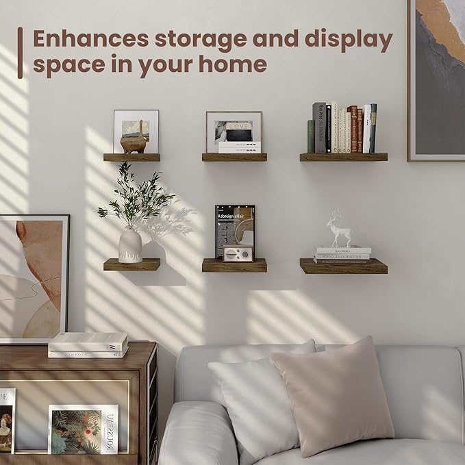 Fun Memories Floating Shelves for Wall - 7.5 Inch Square Shelves with Invisible Brackets, Small Wall Shelf for Living Room, Bathroom, Bedroom, and Kitchen Decor,Brown Set of 3