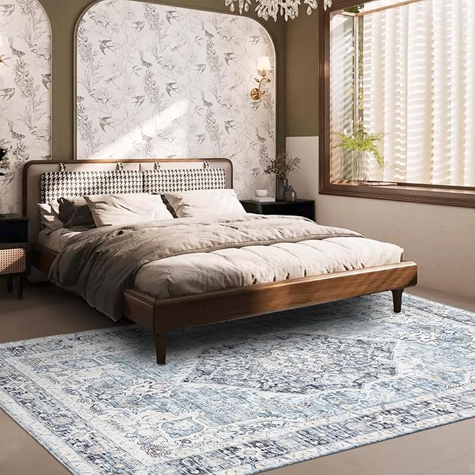 Domitapis Area Rug 6×9, Large Vintage Boho Rug,Ultra-Soft Low Pile, Washable, Non Slip,Stain Resistant, Printed Carpet for Living Room Bedrooms Playroom Office Kitchen, Light Blue