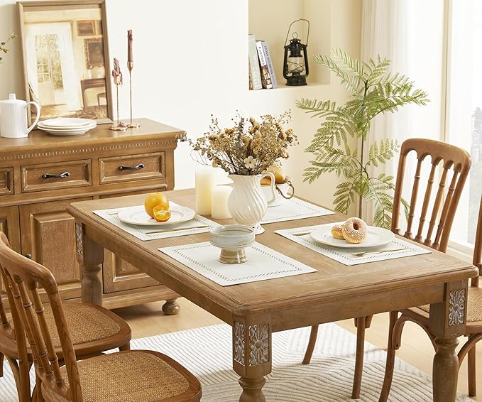 Burlap Placemats Set of 6, 12 x 18 Inch Rustic Geometric Hollow Place Mats, Heat Resistant Placemats for Farmhouse Kitchen Table Decor, Off White 6PCS