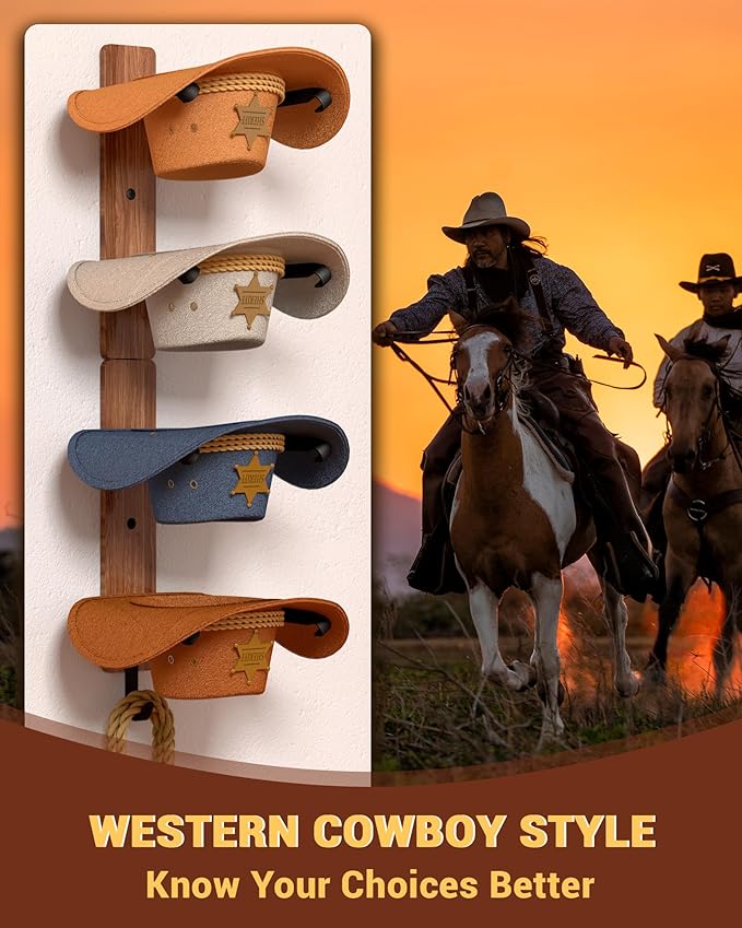 Cowboy Hat Rack for Wall, Cowboy Hat Holder for 4 with Hooks,Wooden Rustic Metal Hanger for Wall with Pine Board,Western Baseball Hat Rack Holder for Fedora, Sun Hats