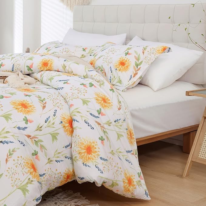 JSD Yellow Floral Duvet Cover Set Queen Size, 3 Piece Spring Printed Microfiber Comforter Covers Zipper Closure