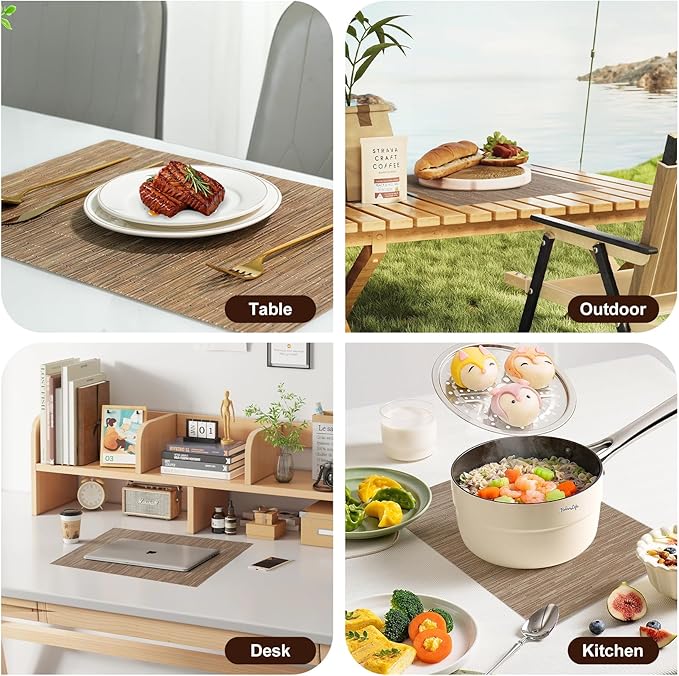 Placemats Set of 6,Non-Slip PVC Weave Table Mats Easy to Clean,Heat Resistant Place Mats for Kitchen Dining Table Decoration Indoor Outdoor,Light Brown