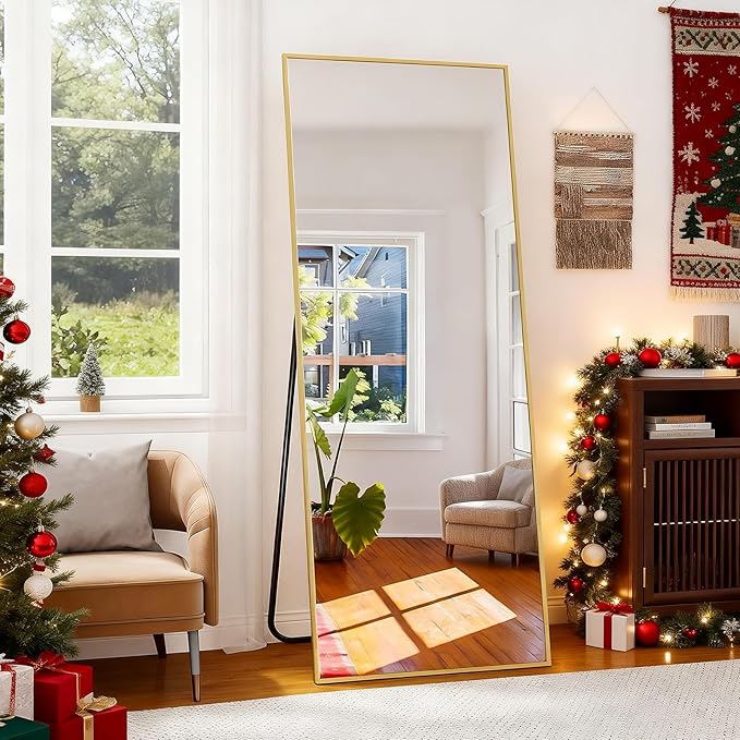 BEAUTYPEAK Full Length Mirror with Stand, 56"x21" Floor Mirror with Aluminum Alloy Thin Frame, ShatterVue Tempered Full Body Mirrors, Free Standing or Wall-Mounted Mirrors for Living Room, Gold