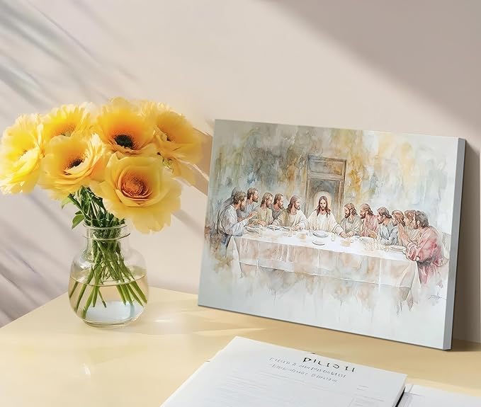 Jesus Last Supper Canvas Wall Art, Christian Pictures Wall Decor Paintings, Religious Prints for Living Room Dining Room Church Prayer Room Home Decoration 12x16 inch Framed