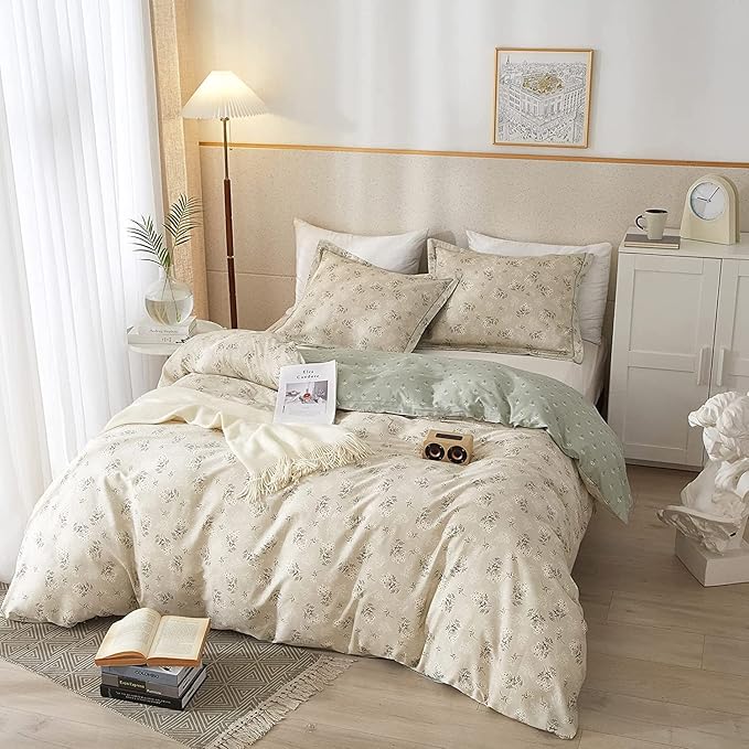 LifeTB Boho Floral Duvet Cover Full Cotton Aesthetic Floral Bedding Sets Full Vintage Garden Floral Comforter Cover Beige Sage Green Floral Botanical Duvet Cover with Zipper Closure 4 Ties
