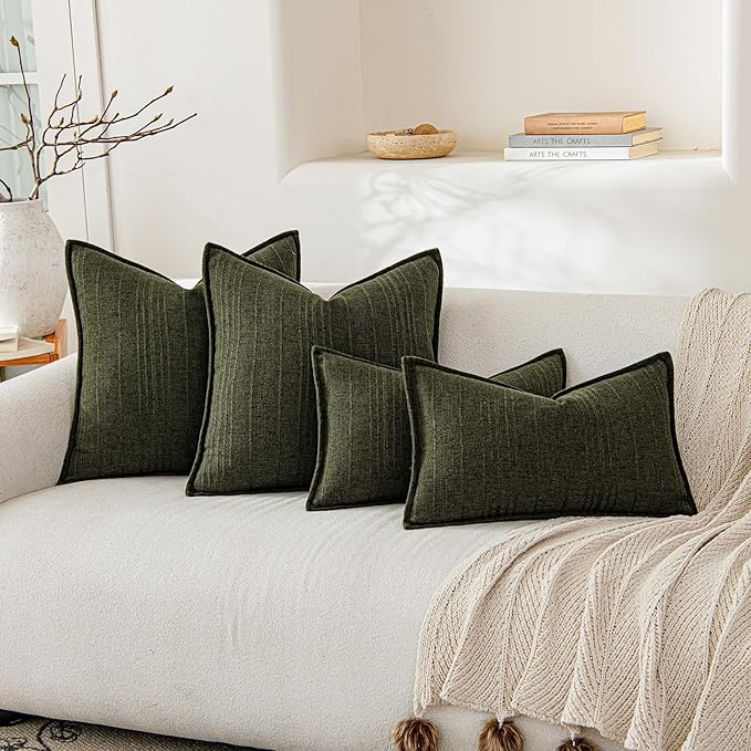 a moment Linen Pillow Covers Set of 2,Boho Farmhouse Throw Pillowcases Neutral Textured Decorative Covers for Couch Sofa,Linen Blend Accent Case Cushion Living Room Home Decor 20"x20"Dark Green
