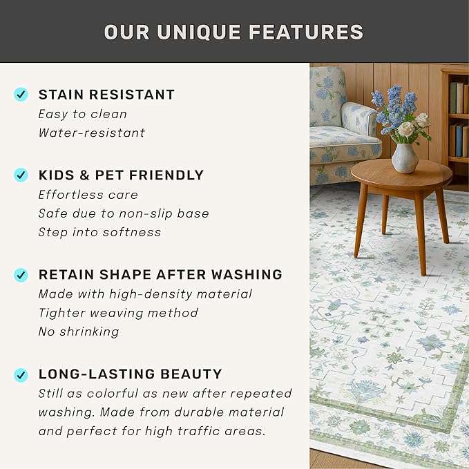 Hazo Haus Boho Bathroom Runner 2x7 - Cream Green Oushak Floral Turkish, Washable Low Pile Non Slip Stain Resistant Small Accent Rug for Kitchen, Hallway
