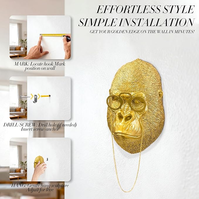 Juedawyal Golden Animal Head Wall Decor – Gorilla with Glasses, Resin Eclectic Wall Art for Entryway, Bar & Living Room