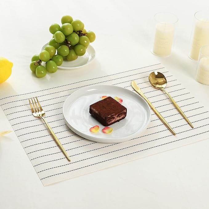 Leetaltree White with Black Stripes Placemats Set of 4 - Heat Resistant Non-Slip Place mats for Dining Table, Washable Durable PVC Vinyl Woven Table Mats(White Stripes, 4)