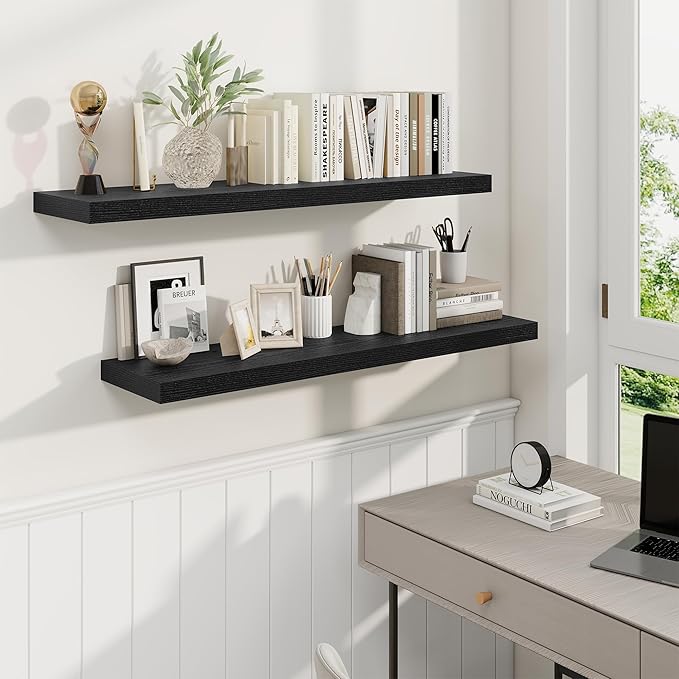 Fun Memories 40 Inch Black Floating Shelves, 9.3 Inch Deep Wall Shelves for Living Room|Bedroom|Kitchen, Rusitc Wall Mounted Bathroom Shelves 2 Pack, Heavy-Duty Deep Shelf for Books,Decor