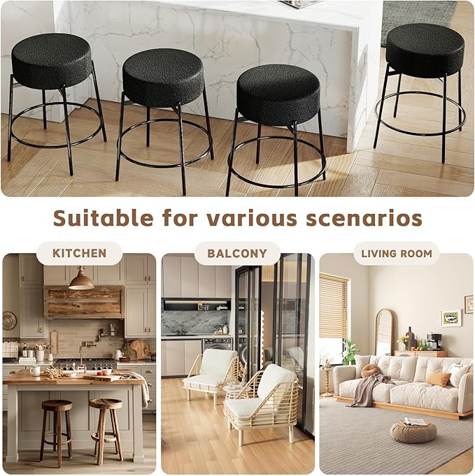 SoarFlash Modern Rotatable Bar Stools Set of 2, 24" Sherpa Swivel Counter Height Stools with Round Soft Padded Boucle Backless Seat, Black