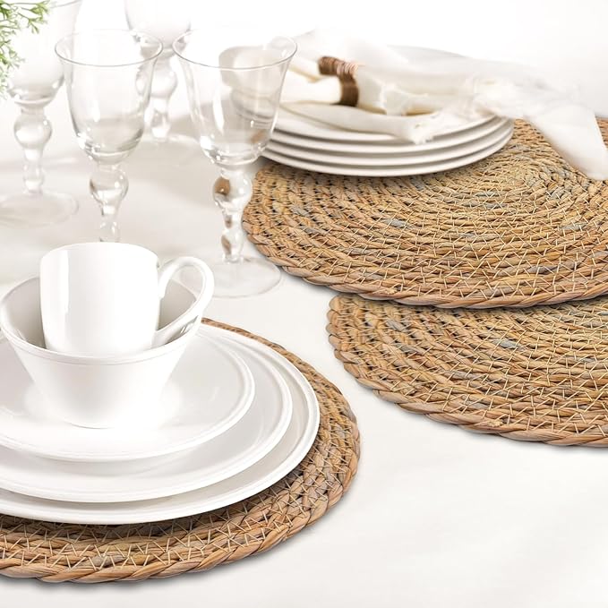 Niviy Round Woven Placemats Set of 6, with 72 Inches Long Farmhouse Macrame Table Runner Burlap Cotton Linen Table Runners Chargers for Dinner Plates, Beige & Brown