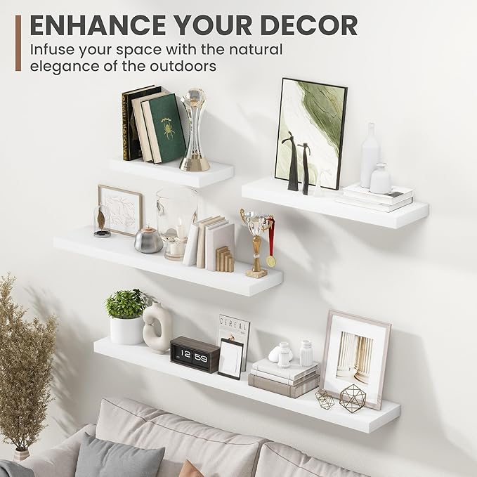 40 Inch Floating Shelves, 8 Inch Deep Floating Shelves for Wall, Hanging Shelf with Invisible Brackets, Deep Shelves for Bathroom, Bedroom, Living Room, White, Set of 2