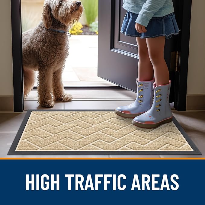 OLANLY Front Door Mat Indoor Outdoor Entrance, Waterproof All-Season, All-Weather Doormat, Sturdy Natural Rubber, Low Profile, Easy Clean Patio Porch Entryway Mat, Herringbone Brick (Beige, 29.5x17)