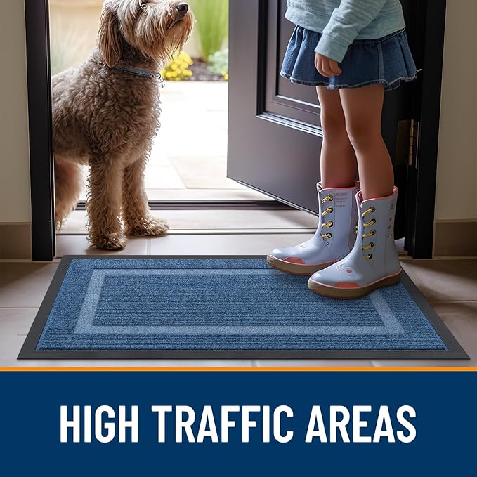 OLANLY Front Door Mat Indoor Outdoor Entrance, Waterproof All-Season, All-Weather Doormat, Sturdy Natural Rubber, Fade Resistant, Low Profile, Easy Clean Patio Porch Entryway Mat, 35x23, Light Blue