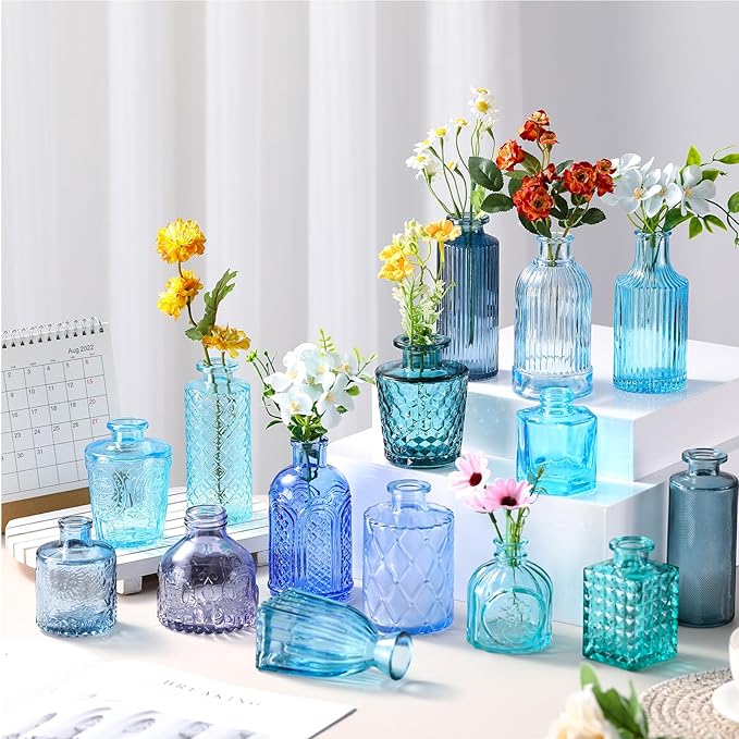 Yaomiao 30 Pcs Vases Bulk Colored Flower Glass Bud Vases Valentine Vintage Colored Glass Bottles Colorful Rustic Embossed for Home Wedding Table Decorations Gifts(Blue Series)