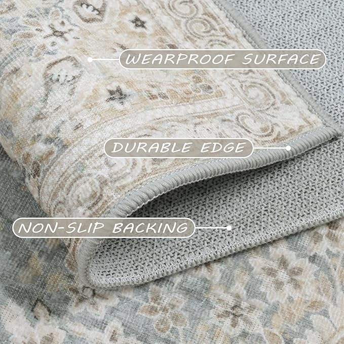 Fortsea Area Rug 7x9, Washable Gray Vintage Rug, Traditional Floor Cover Thin Rug, Retro Indoor Distressed Non Slip Carpet, Floral Print Mat Living Room Bedroom (Grey/Light Camel, 7X9)