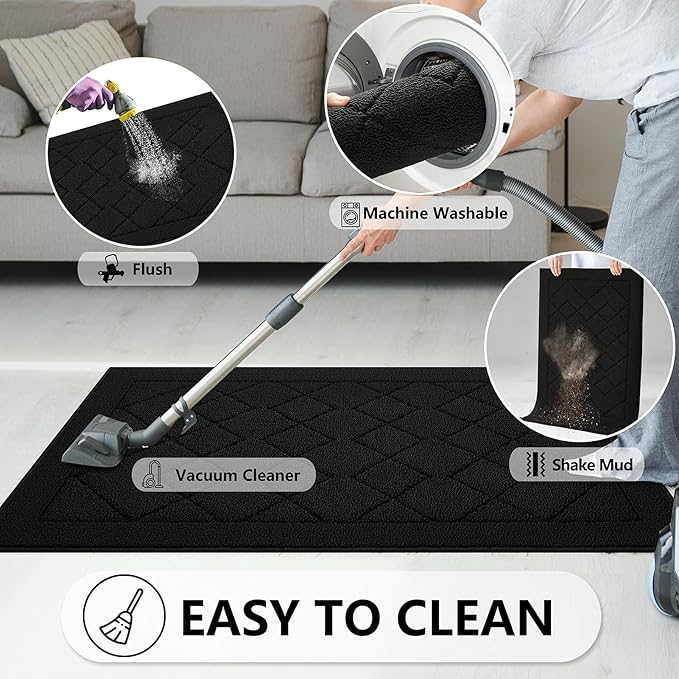 REFETONE Indoor Doormat, Front Back Door Mat 20"x32" Rubber Backing Non Slip Mats, Absorbent Washable Entrance Doormat for Entryway, Resist Dirt Low-Profile Inside Floor Mat for Muddy Shoes, Black
