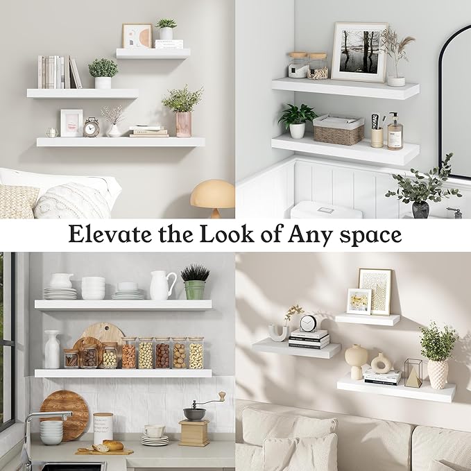 Floating Shelves for Wall, 7.9" Deep Wall Mounted Wood Shelves for Bathroom, Bedroom, Living Room, Kitchen, Hanging Shelf for Books/Storage/Room Decor (White, 16")