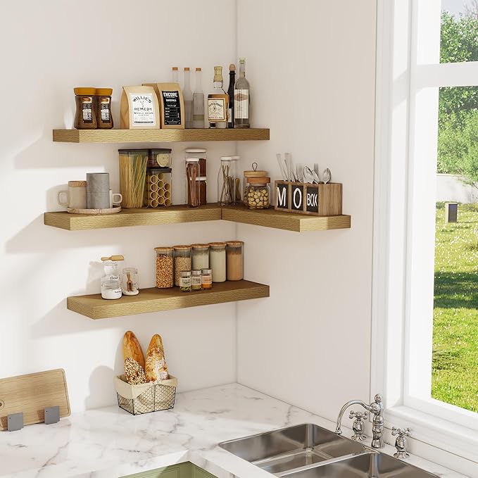 Fun Memories Floating Shelves - 2 Pack 30 Inch Long Rustic Wooden Wall Shelves - 8 Inch Deep Wall Mounted Storage Shelf with Invisible Heavy-Duty Brackets for Books, Bathroom, Kitchen - Oak