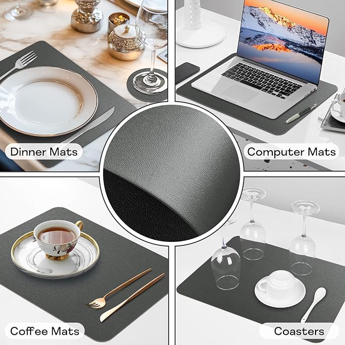 Faux Leather Placemats Set of 6, Vinyl Placemats Heat Resistant Place Mats, Waterproof Oil-Proof Wipeable Dining Table Mats and Coasters for Kitchen, Indoor, Outdoor (Gray)
