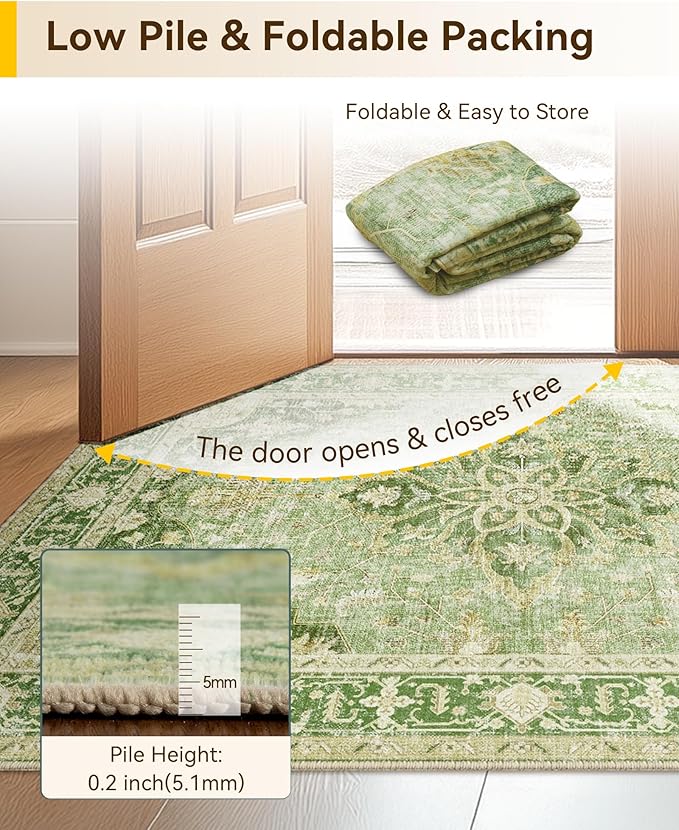 RELEANY Area Rugs 2'6''x8' Washable Non-Slip, Floral Vintage Distress Print Pattern Medallion Carpet for Living Room Bedroom Dining Room, Sage Green Yellow