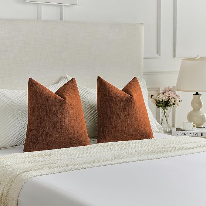 FUTEI Rust Chenille Decorative Throw Pillow Covers 26x26 Inch Set of 2,Soft Cozy Faux Linen Textured Euro Pillow Shams,Farmhouse Home Decor for Couch Living Room