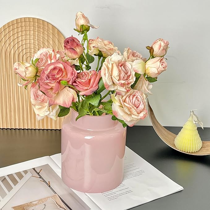 BLOFLO Pink Glass Vase, 7 Inch Large Glass Vase for Flowers, Modern Thick Glass Flower Vases for Centerpieces, Decorative Glass Cylinder Hydroponic Vase for Wedding, Home, Office (Pink, 7Inch)