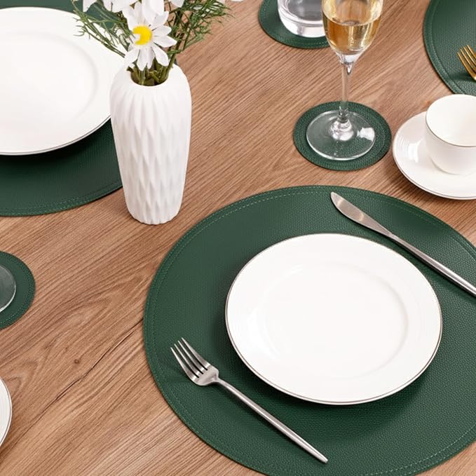Set of 8 Faux Leather Round Placemats and Coasters, Disko Table Mats and Drink Spills Coasters, Easy to Clean, Double Stitched for Kitchen Dining Table, Diameter 13'' and 3.9''