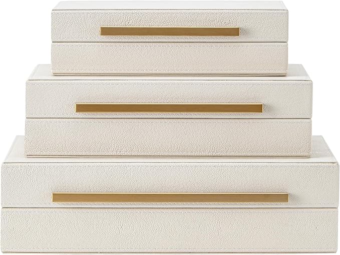 Faux Leather Large Modern Stackable Nesting Jewelry Box with Lids Organizer – Set of 3 Beige Shagreen Decorative Storage Boxes with Gold Metal Handles