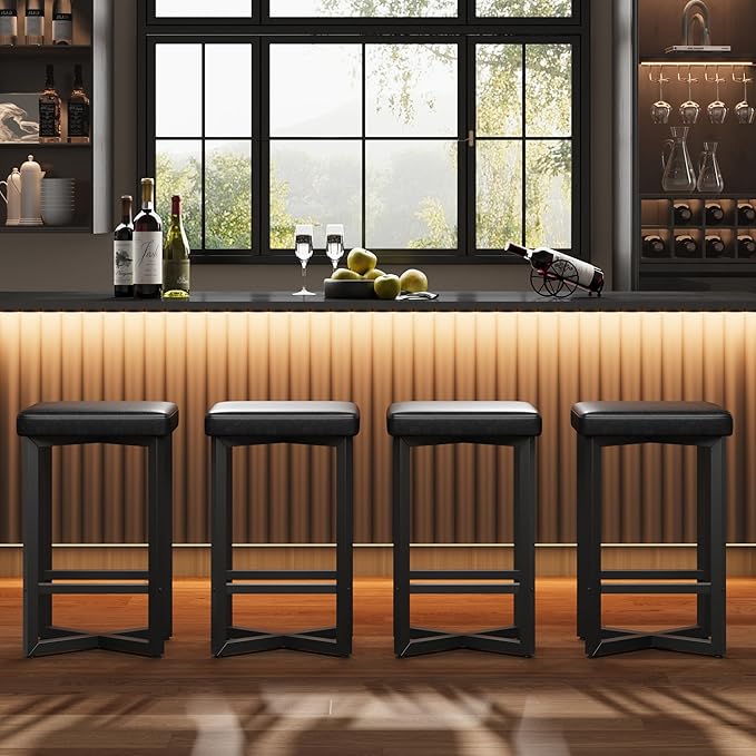 IDEALHOUSE Bar Stools Set of 4, 24.6" Counter Height Backless Barstools, Upholstered PU Leather Seats with Metal X-Frame & Footrest, Modern Kitchen Stools for Home Bar, Dining Room, Black