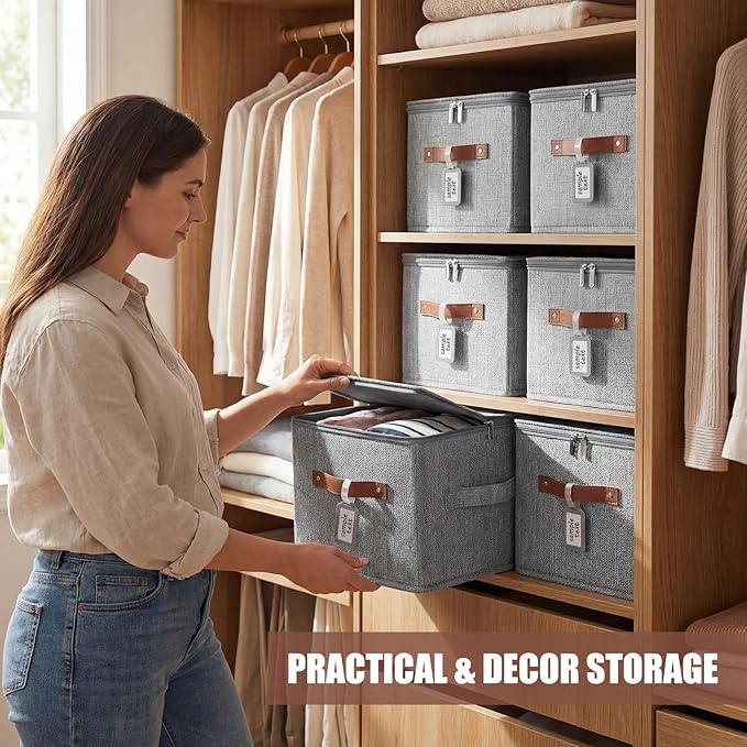 6 Pack Fabric Storage Bins with Lids and Label, 10×8×7Inch Foldable Cotton Linen Cute Storage Boxes with PU Leather Handles for Closet, Bedroom, Shelf, Nursery, Gray