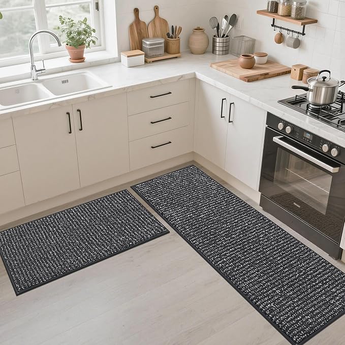 JSEI Kitchen Runner Rugs, 17''x71'' Non-Slip Kitchen Mats for Floor, Machine Washable Absorbent and Stain Resistant Kitchen Rug, Carpet Mats with TPR Backing for Kitchen, Charcoal