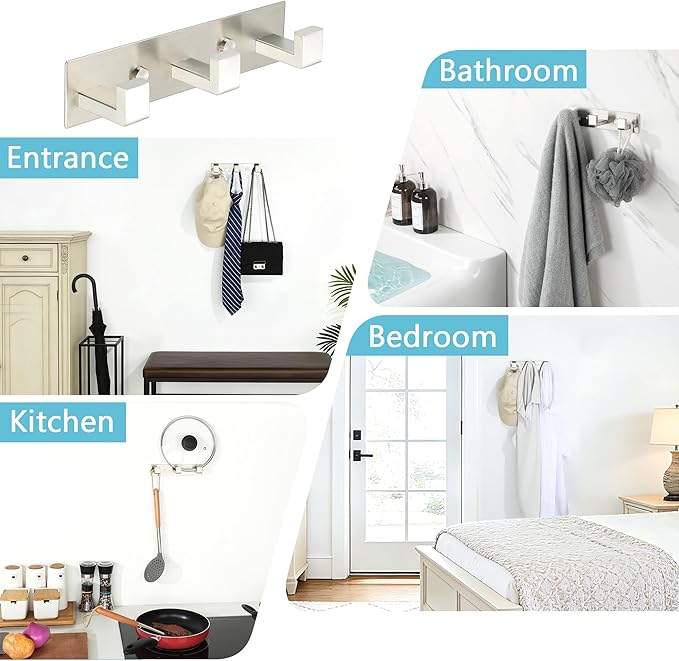 Alise Coat Hooks Wall Mount,Hat and Coat Rack with 3 Hooks Wall Mount Key Hooks for Robes,Bags,Keys,and Towels,SUS304 Stainless Steel Wall Hooks for Hanging,Self Adhesive or Drilling,Brushed