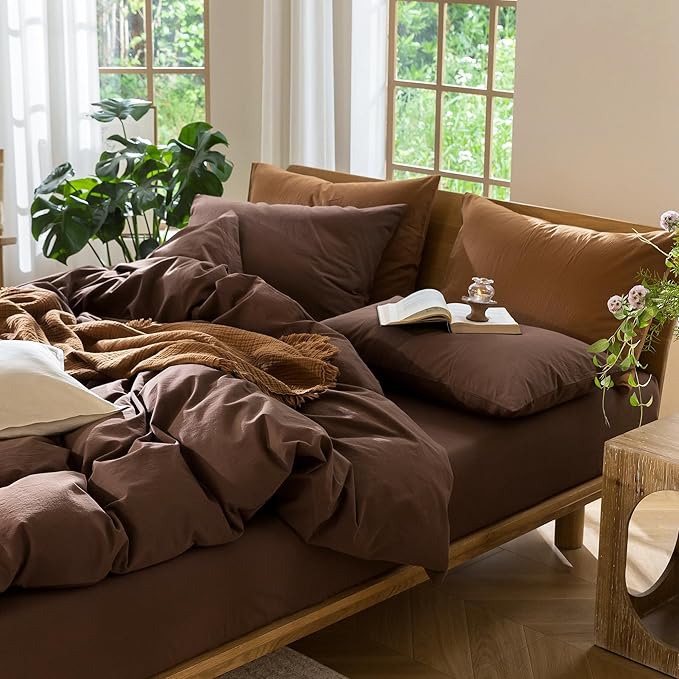 MooMee Bedding Duvet Cover Set 100% Washed Cotton Linen Like Textured Breathable Durable Soft Comfy (Solid Cocoa Brown, Queen 90"x90")