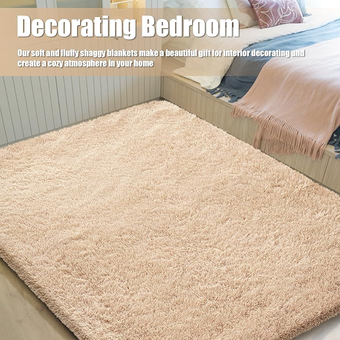 Shag Area Rug for Bedroom 4x6,Beige Fluffy Area Rugs for Living Room,Soft Fuzzy Rug Non-Shedding Indoor Plush Carpet for Kids Bedroom Nursery Dorm Home Decor
