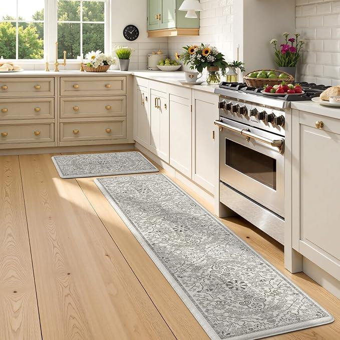 KIMODE Kitchen Mats for Floor Anti Fatigue, Boho Vintage Kitchen Rugs, Cushioned Kitchen Floor Mats, Comfort Standing Mat, Padded Kitchen Floor Mat for Sink Laundry Office Desk 20"x71"+20"x32" Grey