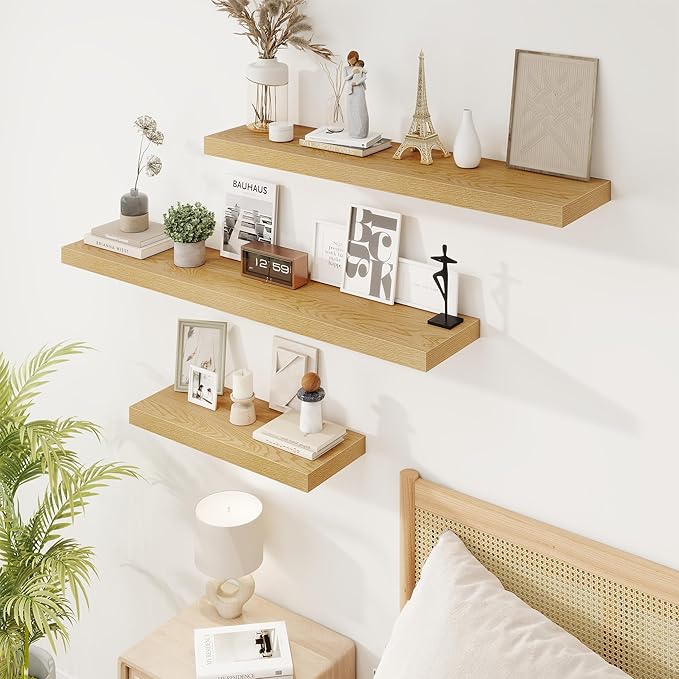 48in Floating Shelves for Wall, 48"W x 9.25"D x 1.25"H, 2 Pack Long Wall Mounted Engineered Wood Shelves with Invisible Brackets for Living Room, Bedroom, Bathroom, Kitchen Decor and Storage, Oak