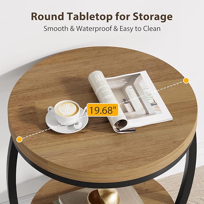 Round End Table, 2 Tier Industrial Side Table, Nightstand with Metal Frame, Accent Bedside Table with Storage Shelves for Living Room, Bedroom, Small Spaces, Light Brown & Black