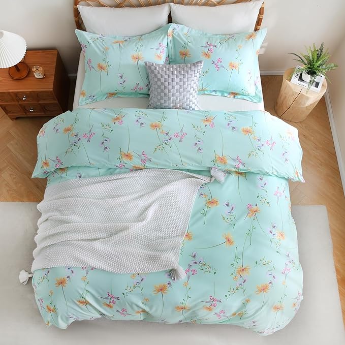 JSD Green Floral Duvet Cover Set Queen Size, 3 Piece Botanical Printed Microfiber Comforter Cover with Corner Ties Zipper Closure