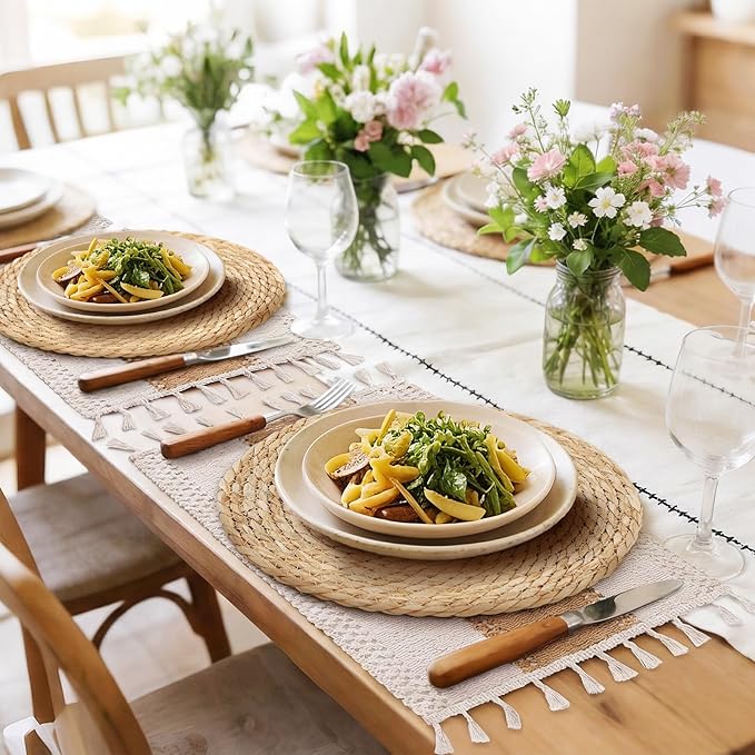 Boho Placemats Set of 16-8pcs 11.8 in Round Woven Rattan Place Mats & 8pcs 11.8” x 17” Cotton Braided Placemat for Dining Table Decor, Rustic Farmhouse Wicker Dinner Charger Plates Heat Resistant