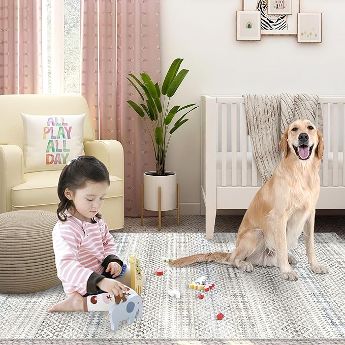 Fortsea 5'x7' Machine Washable Abstract Design Area Rug Machine Washable Area Rugs 5X7, Non Slip, Stain Resistant, Home Decor Living Room Area Rugs 5x7 (Grey Blue Cream 5x7)…