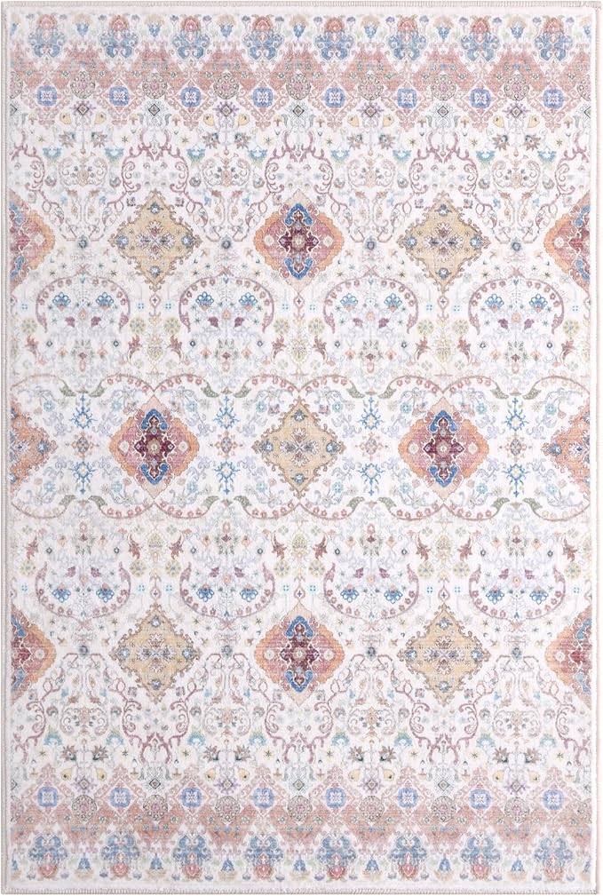 Vanmoos 4x6 Area Rug - Machine Washable, Non-Slip Soft Carpet for Living Room, Bedroom, Office, Dining Room - Durable Accent Rug for Farmhouse & High-Traffic Areas, Charm/Beige