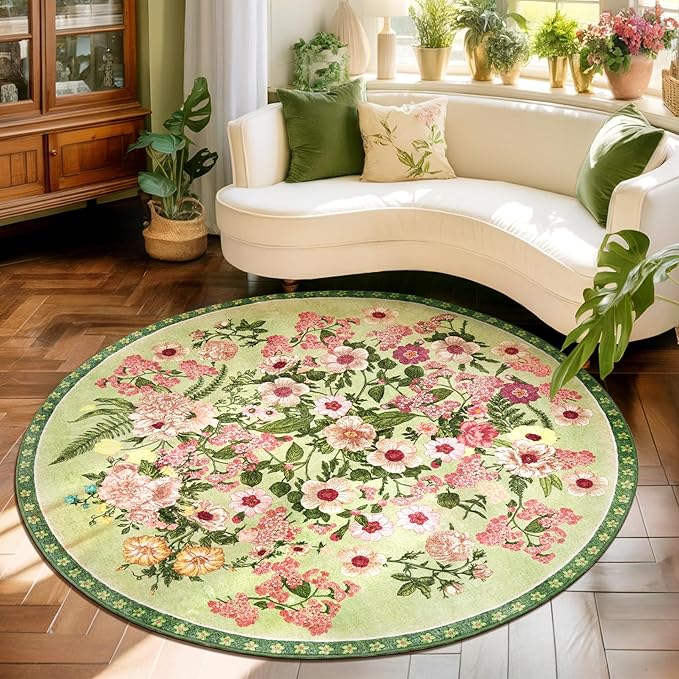 AREAMAY Floral Washable Round Area Rug - 6x6 Round Rugs Living Room Rug Soft Non-Slip Low Pile Large Indoor Accent Circle Carpet for Closet Bedroom Dining Room Home Office Nursery, 6ft Green