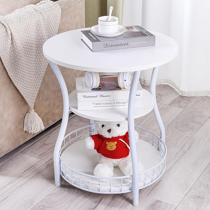 Round Side Table, 3-Tier End Table with Storage Shelf,White Accent Sofa Table for Small Spaces,Corner Round Coffee Table for Living Room, Bedroom,19.6 inch Diameter