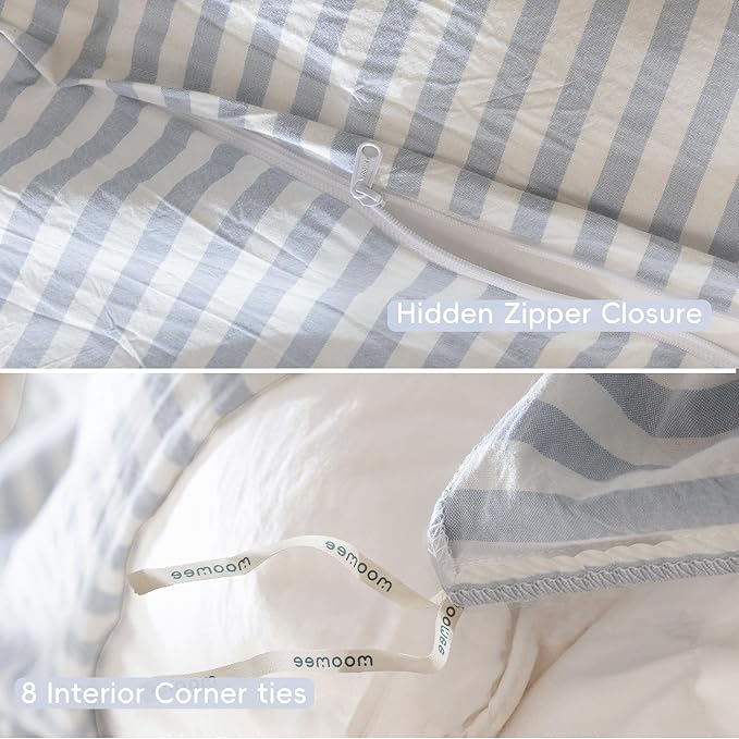MooMee Striped Duvet Cover Set 100% Washed Cotton Linen Like Textured Breathable Durable Soft Comfy (Cornflower Blue White Classic Stripes, King 104"x90")