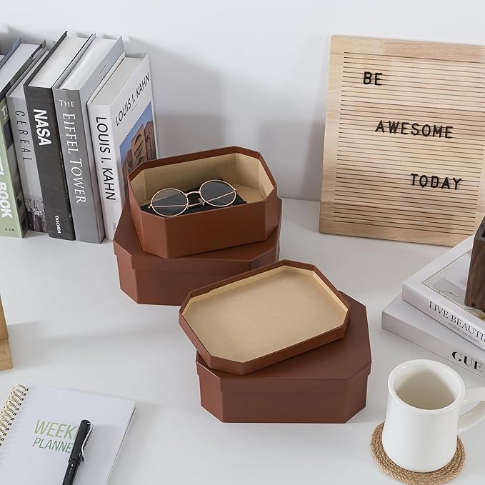 Soul & Lane Octagon Vegan Leather Decorative Boxes in Light Brown, Set of 3 Unique Durable Nesting Cardboard Storage Memory Boxes for Organizing, Keepsakes, Gifts
